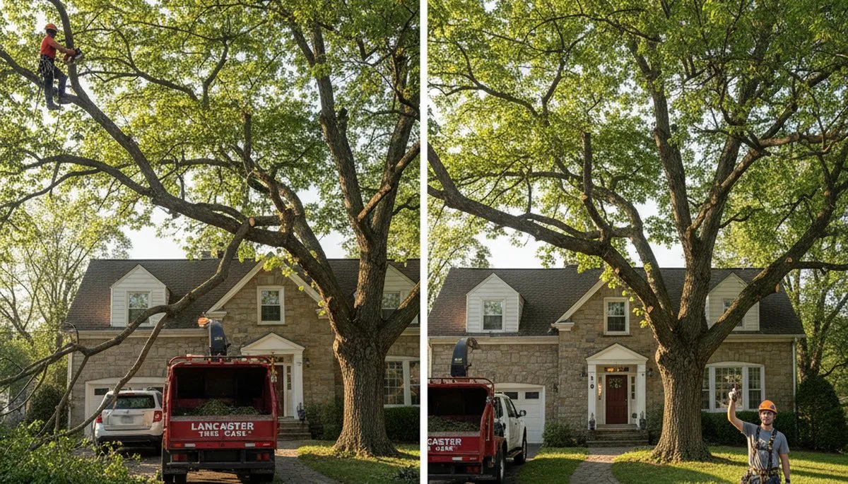 Arborist performing canopy lift tree trimming over residential driveway in Lancaster, PA