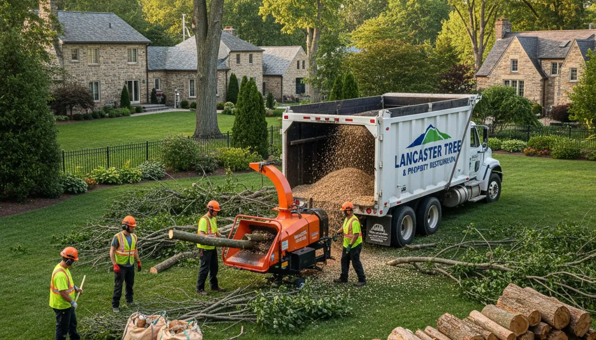 Crew performing debris cleanup and wood chipping after tree removal in Lancaster, PA
