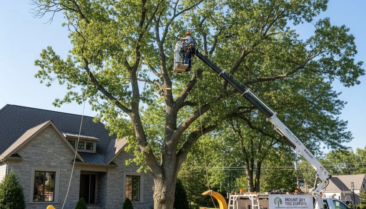Professional tree removal service crew working safely in Lancaster PA neighborhood yard