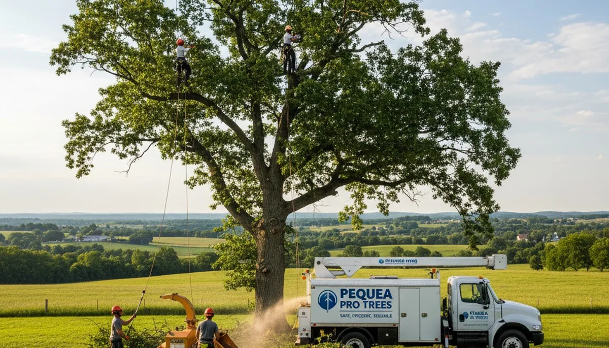 Professional tree removal service in Lancaster, PA safely cutting down large backyard oak tree